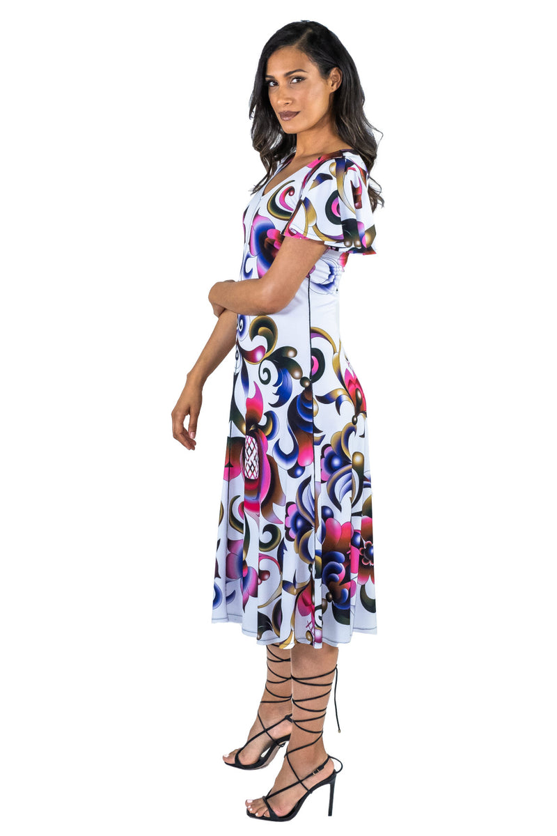 Fit and Flare V Neck Wing Sleeve Dress EvaVarro