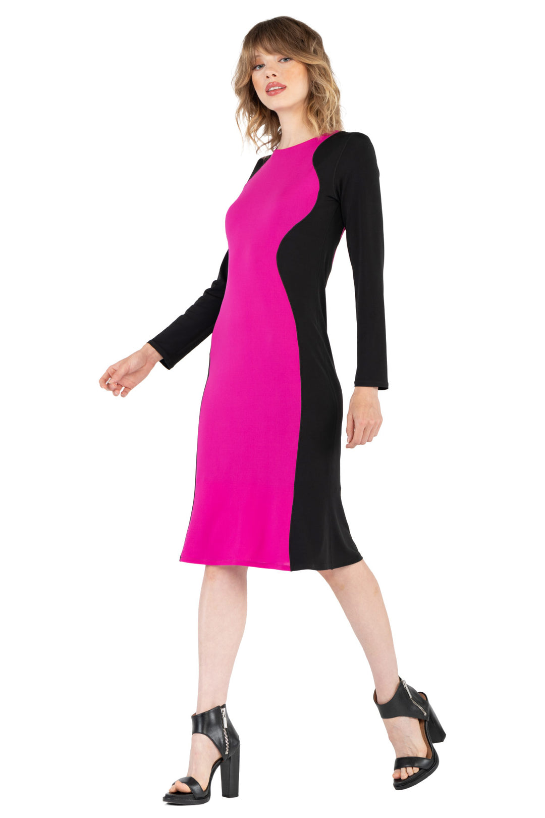 3/4 Sleeve Contrast Slimming Below Knee Dress