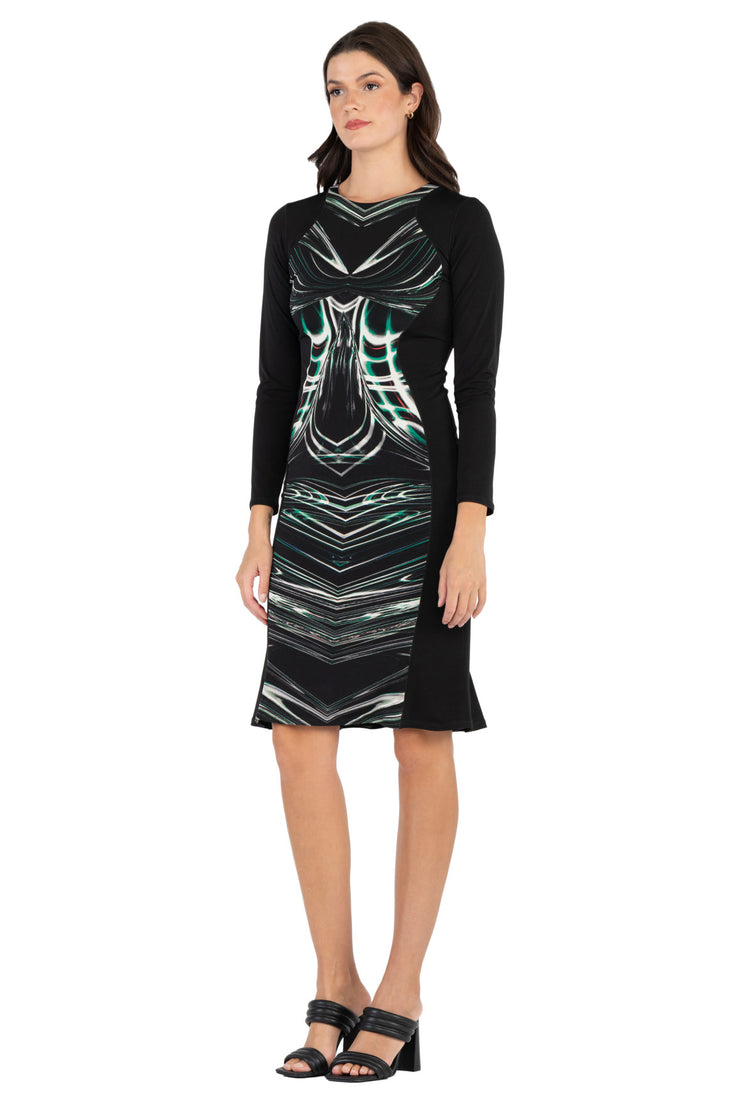 Long Sleeve Contrast Slimming Below Knee Dress EvaVarro Long Sleeve Contrast Slimming Below Knee Dress EvaVarro