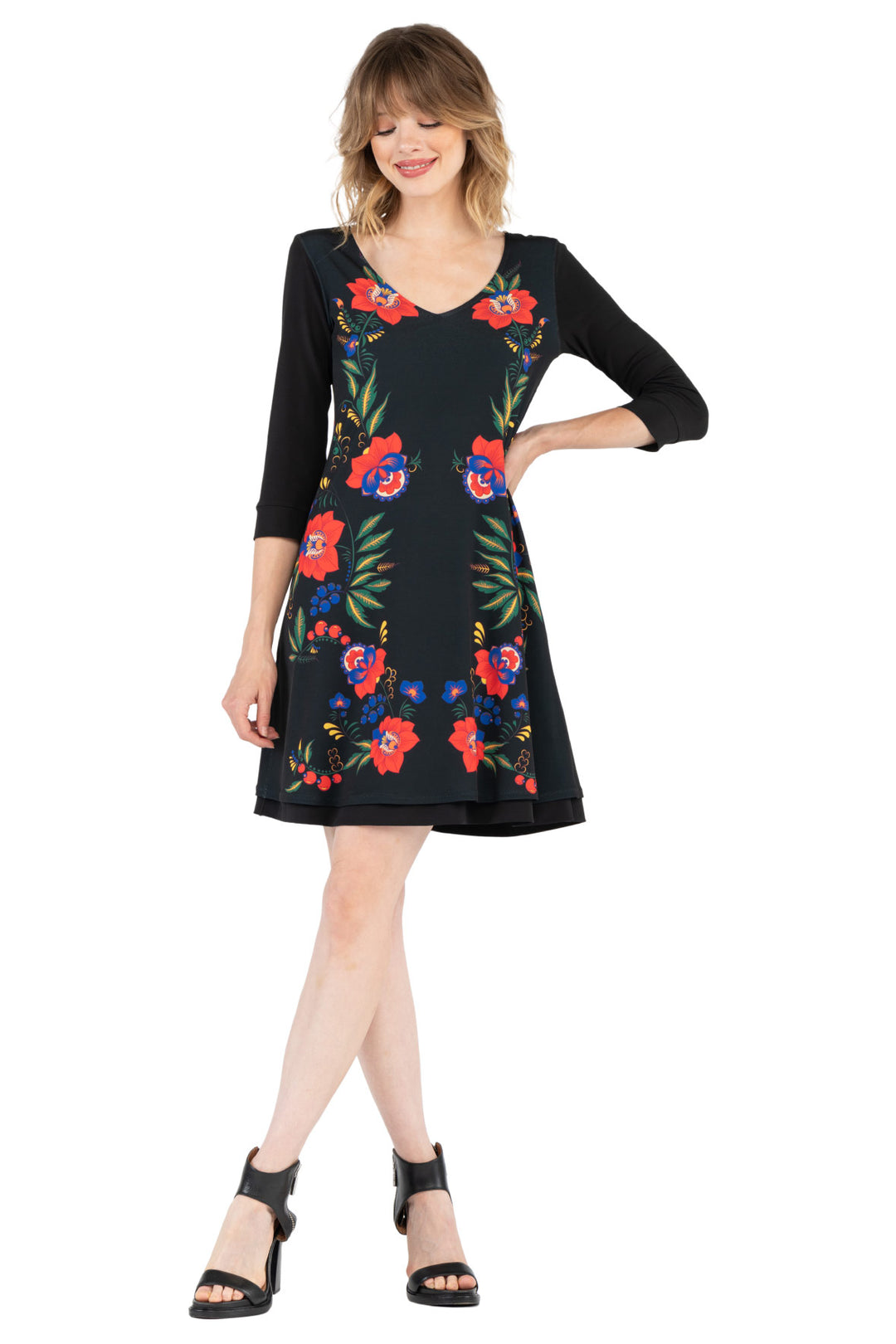 3/4 SL A Line V Neck Turn Over Dress