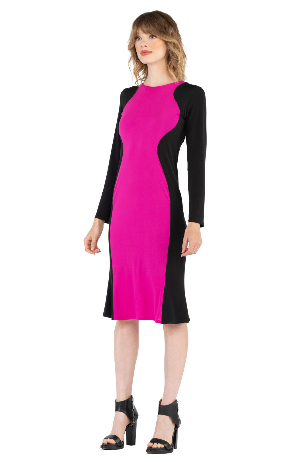3/4 Sleeve Contrast Slimming Below Knee Dress