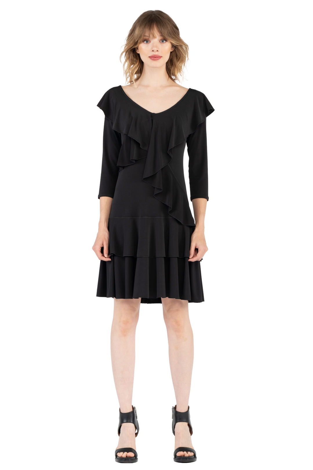 3/4 SLV FR-BK Asymmetric DBL Ruffle Dress