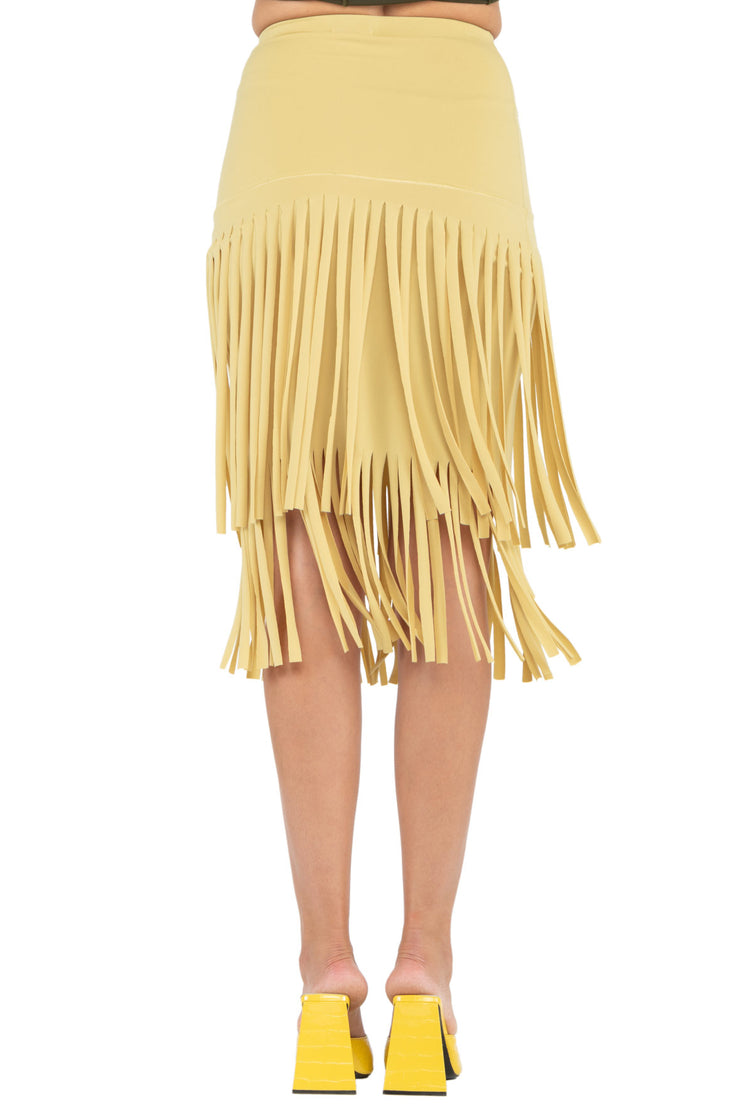 Elastic Waist Layered Calf Length Fringe Skirt