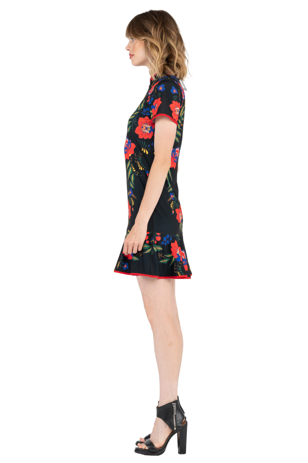 Mandarin Collar &amp; Sleeve with Binding Bottom Ruffle Dress