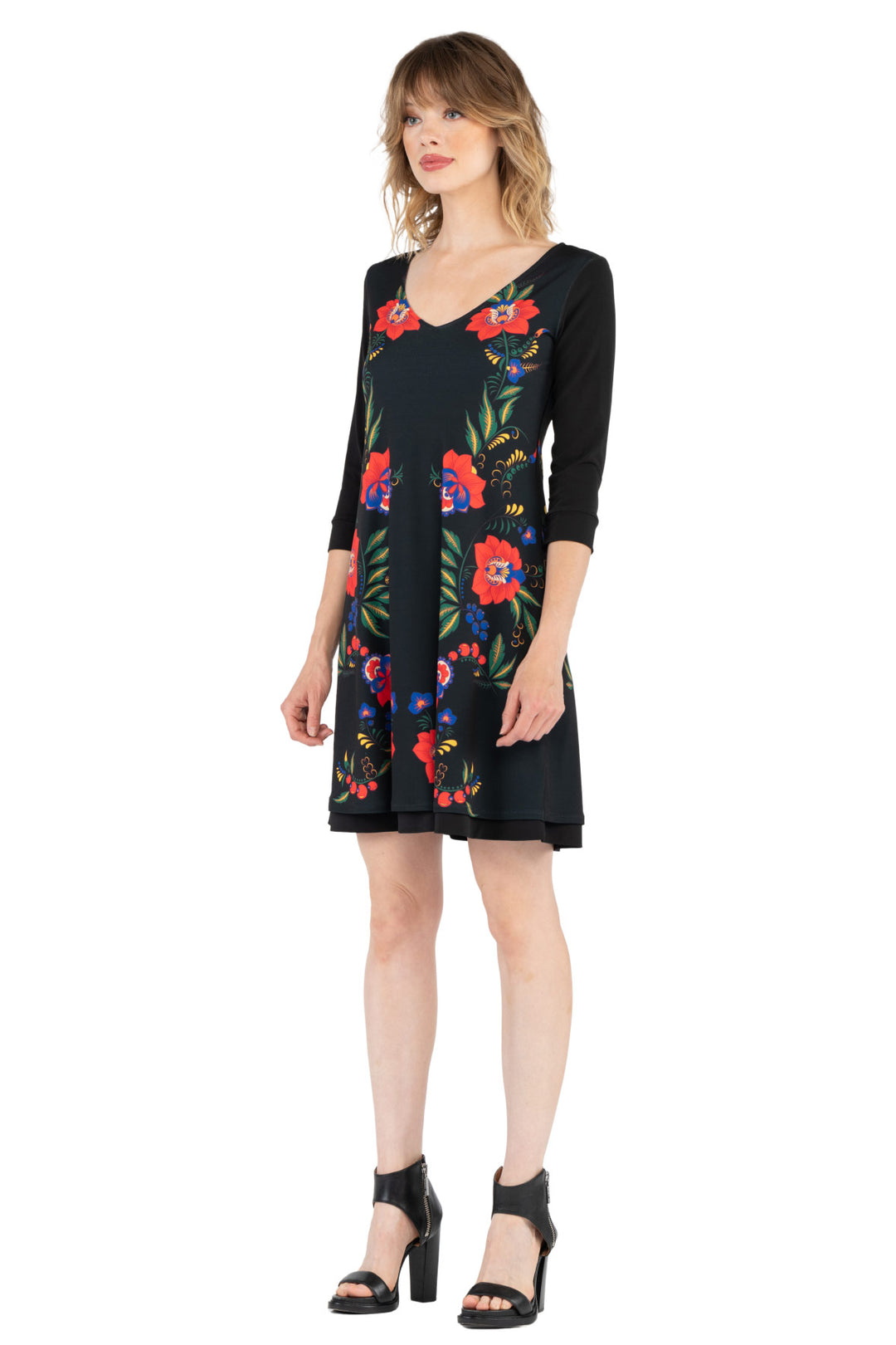 3/4 SL A Line V Neck Turn Over Dress