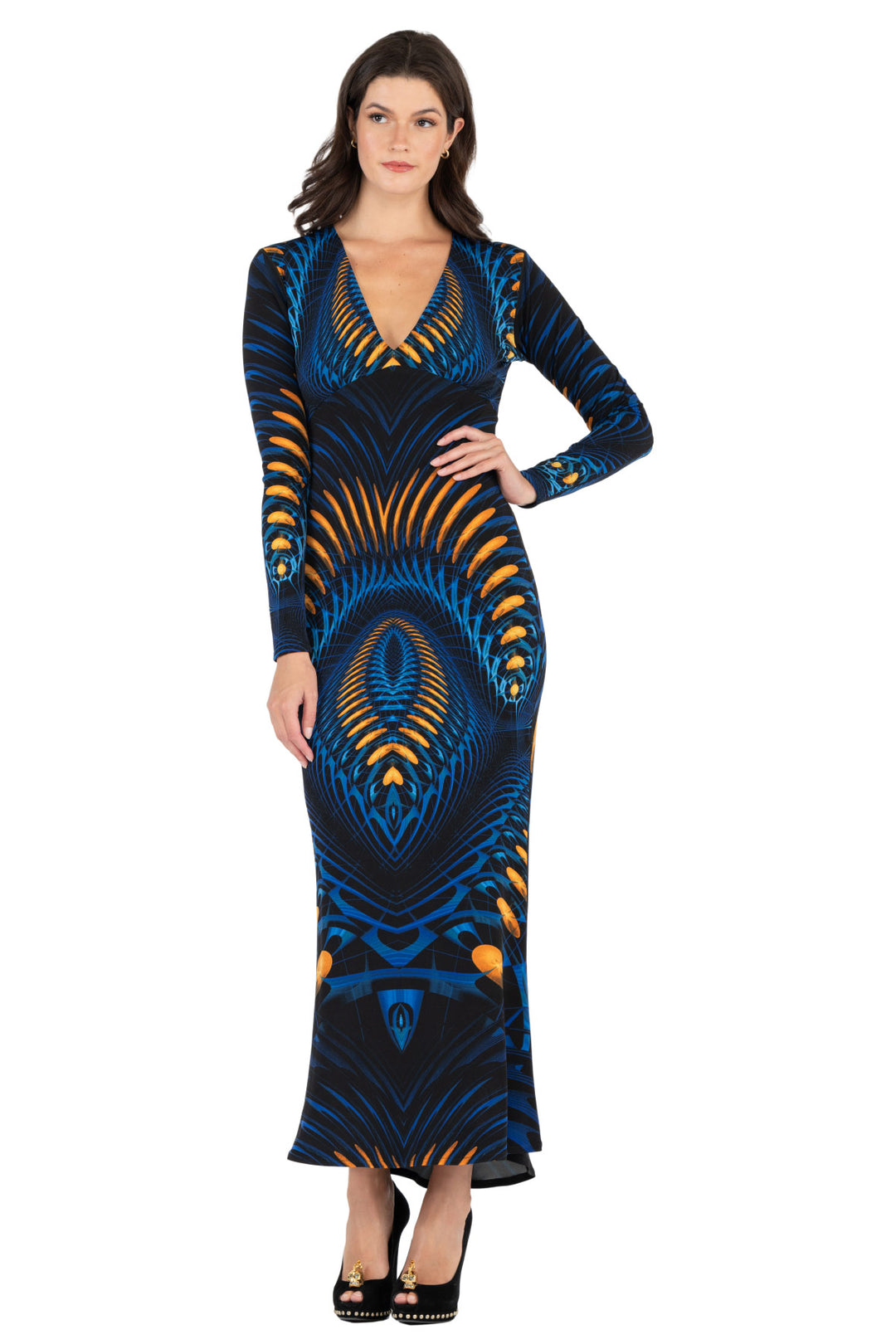 V Neck L/SLV Long Dress