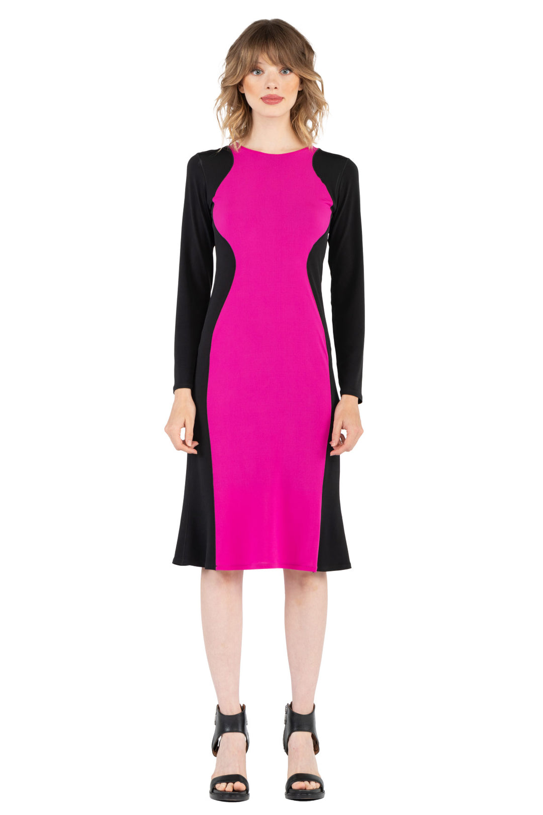 3/4 Sleeve Contrast Slimming Below Knee Dress