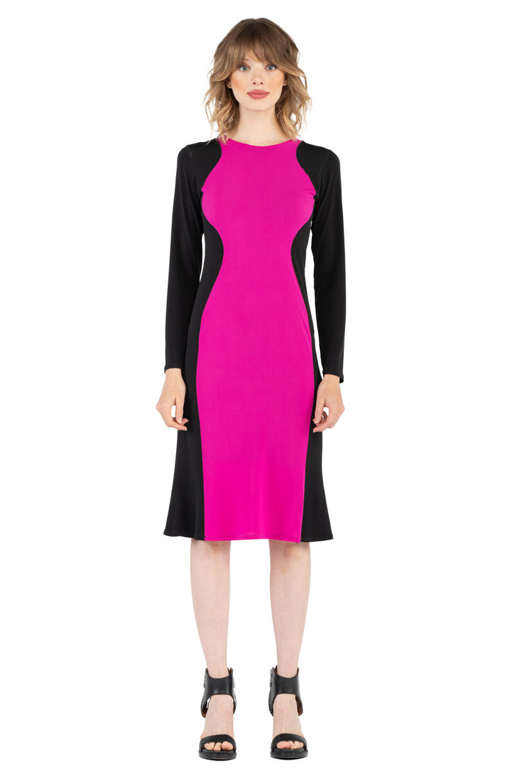 3/4 Sleeve Contrast Slimming Below Knee Dress