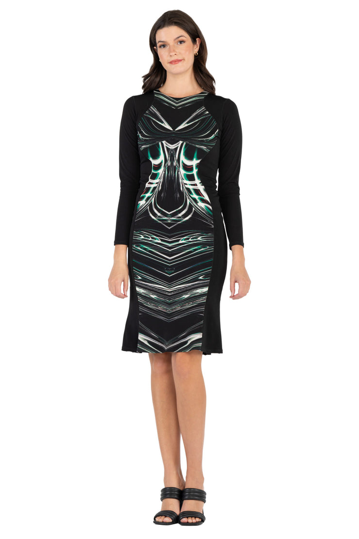Long Sleeve Contrast Slimming Below Knee Dress EvaVarro Long Sleeve Contrast Slimming Below Knee Dress EvaVarro