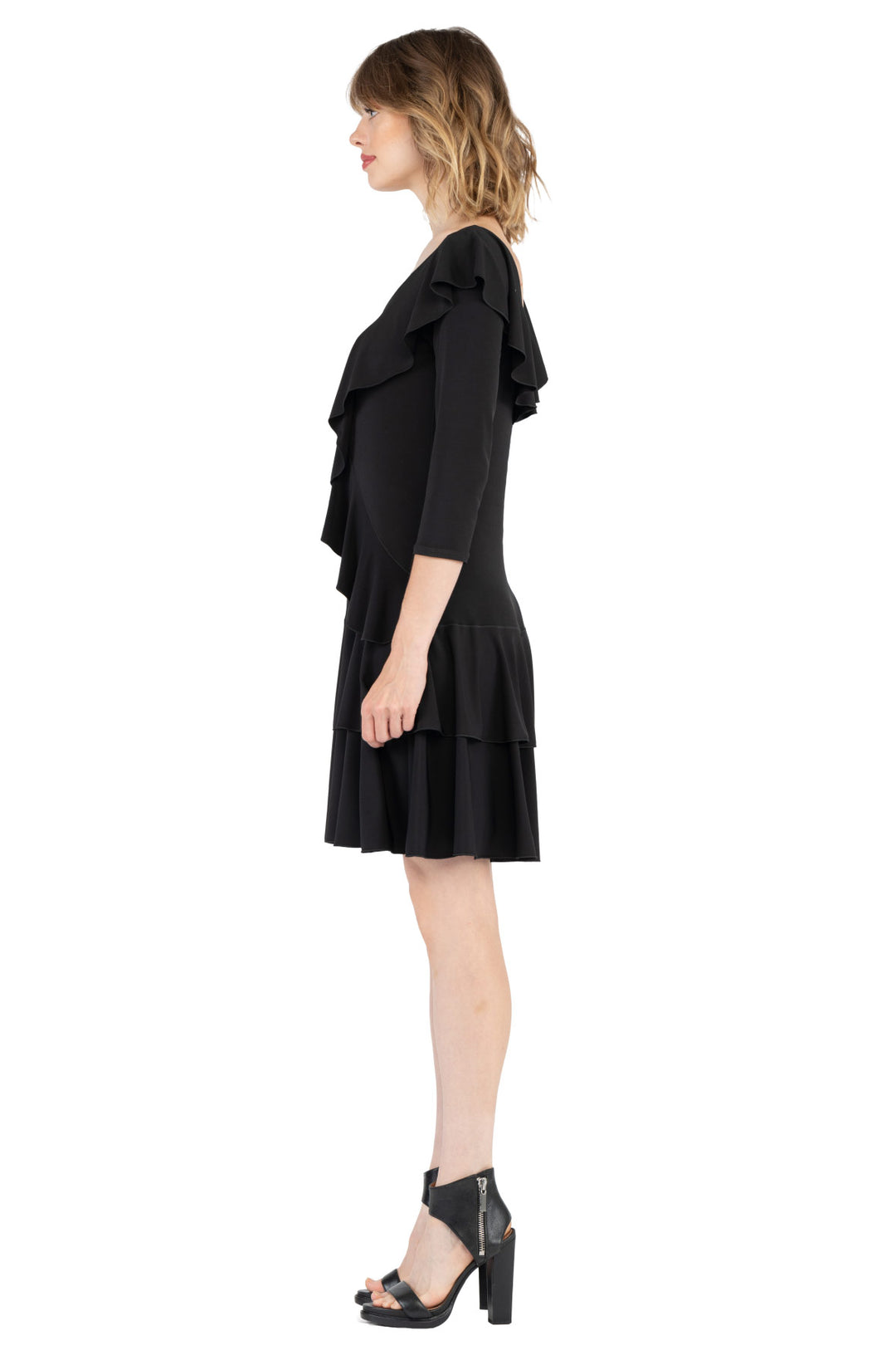3/4 SLV FR-BK Asymmetric DBL Ruffle Dress