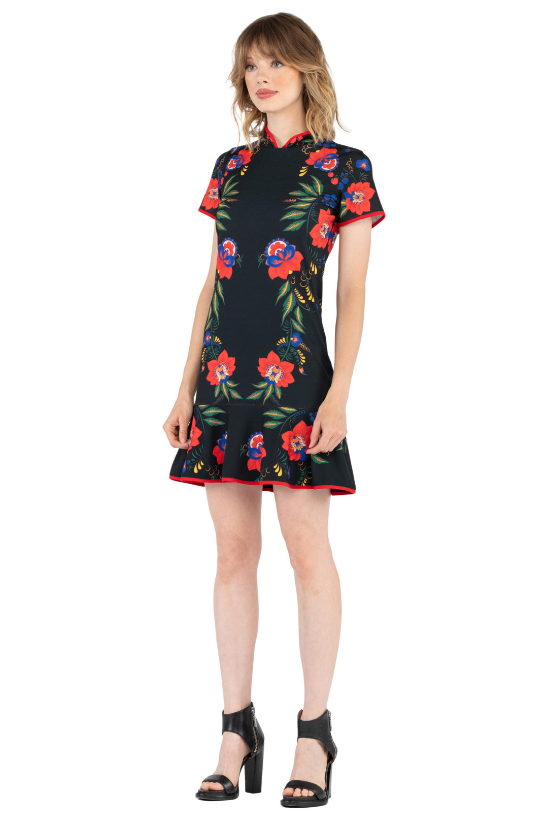 Mandarin Collar &amp; Sleeve with Binding Bottom Ruffle Dress