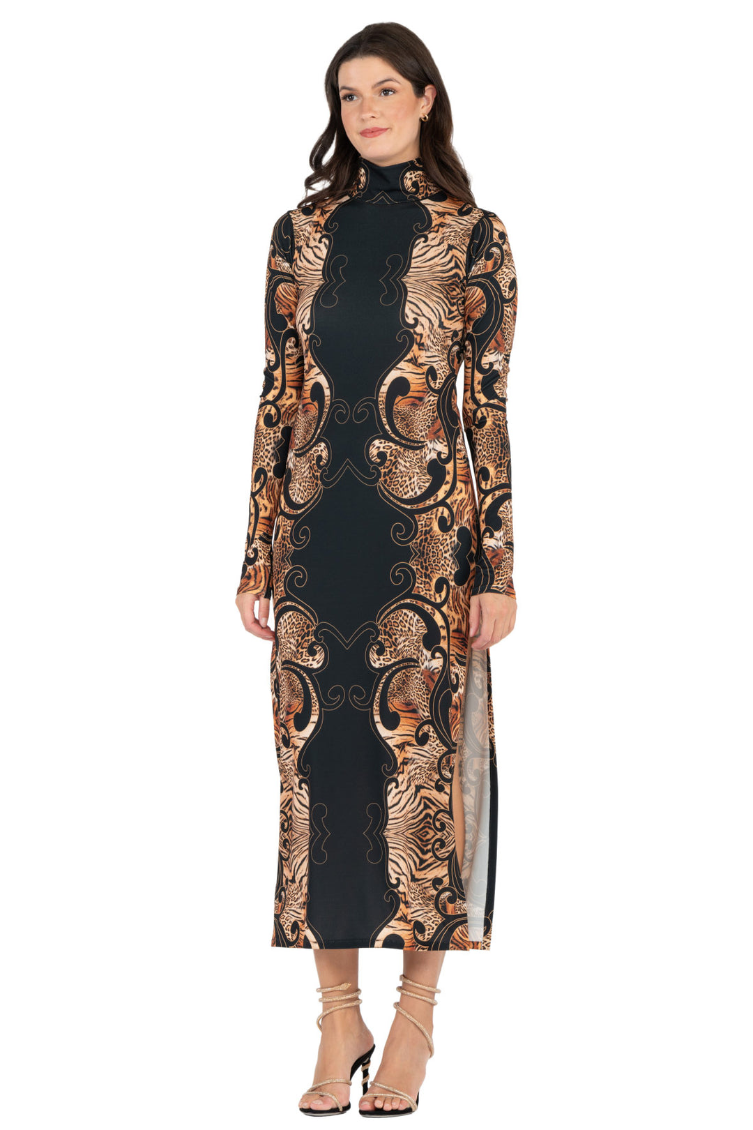 Kadas Mock Neck High Slit Fitted Extra Long SLV Dres