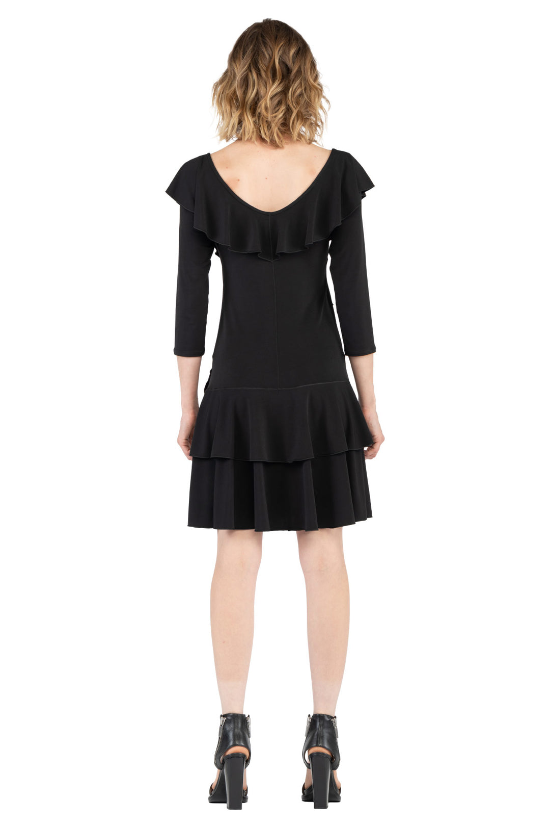 3/4 SLV FR-BK Asymmetric DBL Ruffle Dress