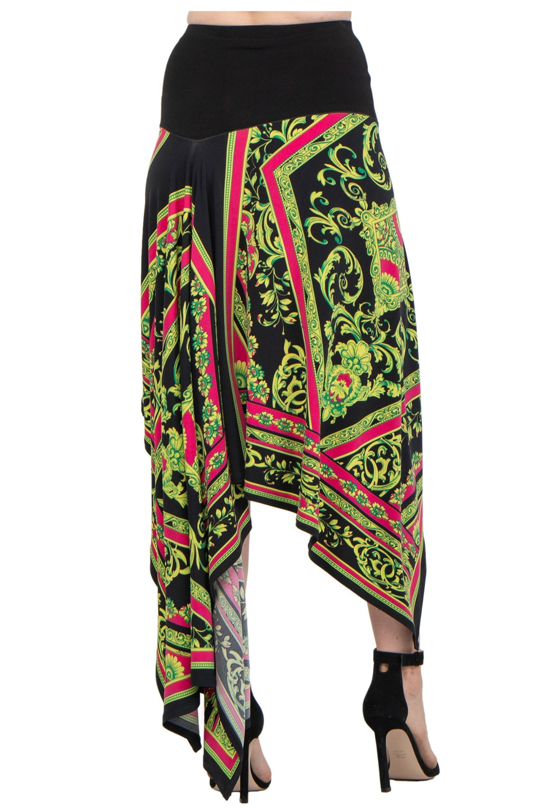 Asymmetrical Handkerchief Hem Skirt with Black Waistband and Flowing Draped Panels