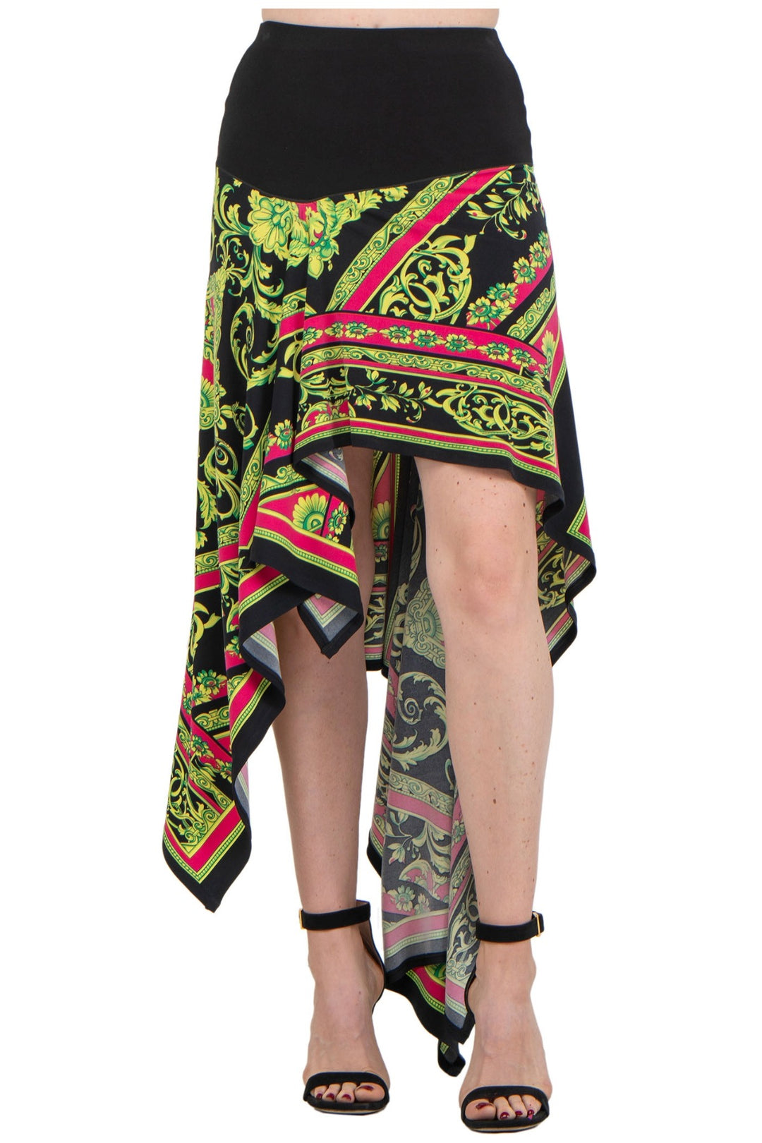 Asymmetrical Handkerchief Hem Skirt with Black Waistband and Flowing Draped Panels