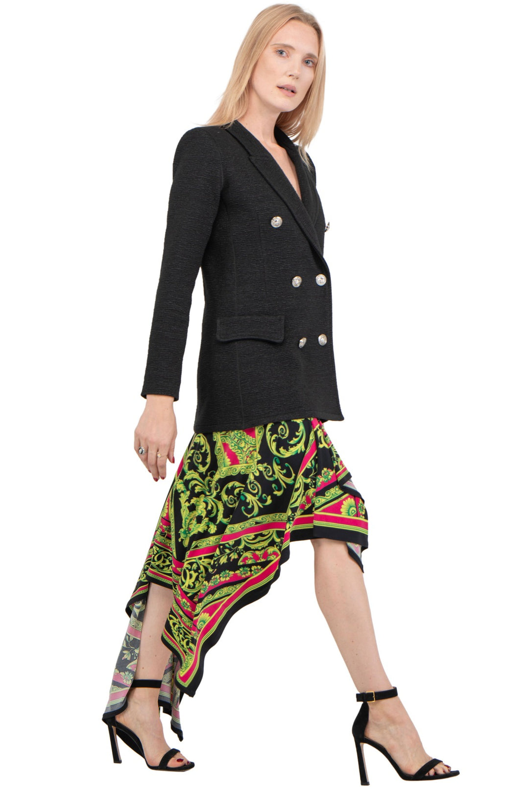 Asymmetrical Handkerchief Hem Skirt with Black Waistband and Flowing Draped Panels