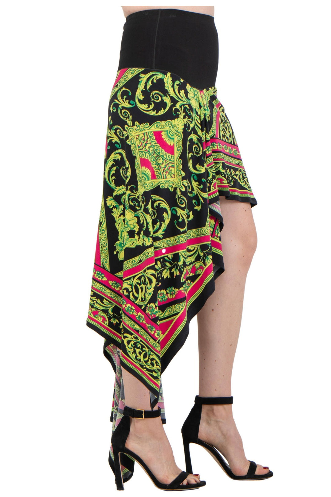 Asymmetrical Handkerchief Hem Skirt with Black Waistband and Flowing Draped Panels