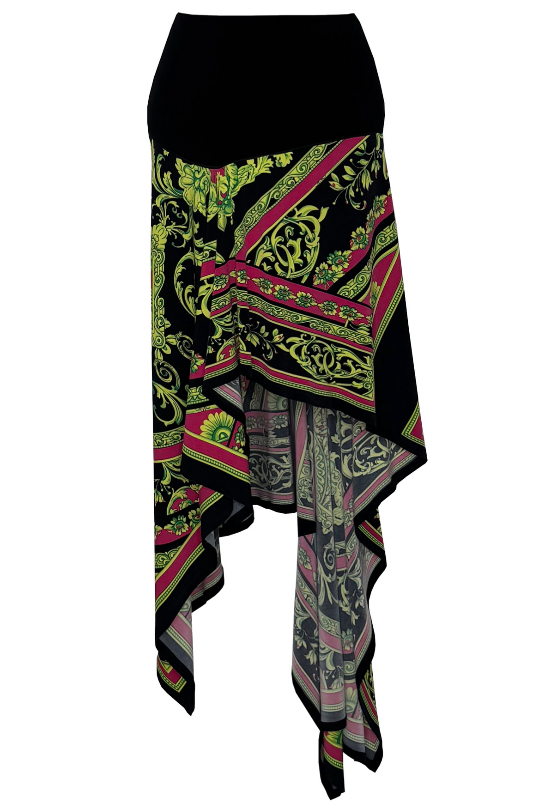Asymmetrical Handkerchief Hem Skirt with Black Waistband and Flowing Draped Panels