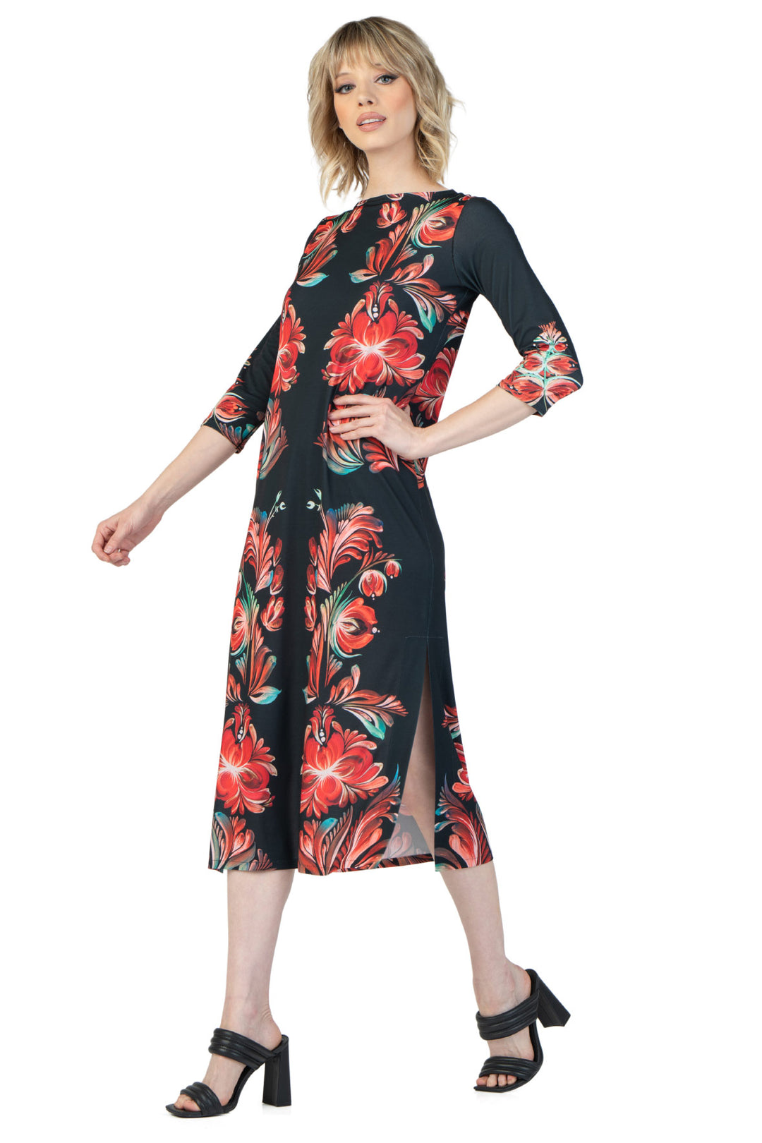 Hemmed Bottom 3/4 Sleeve Semi Loose Side Slit Calf Length Dress