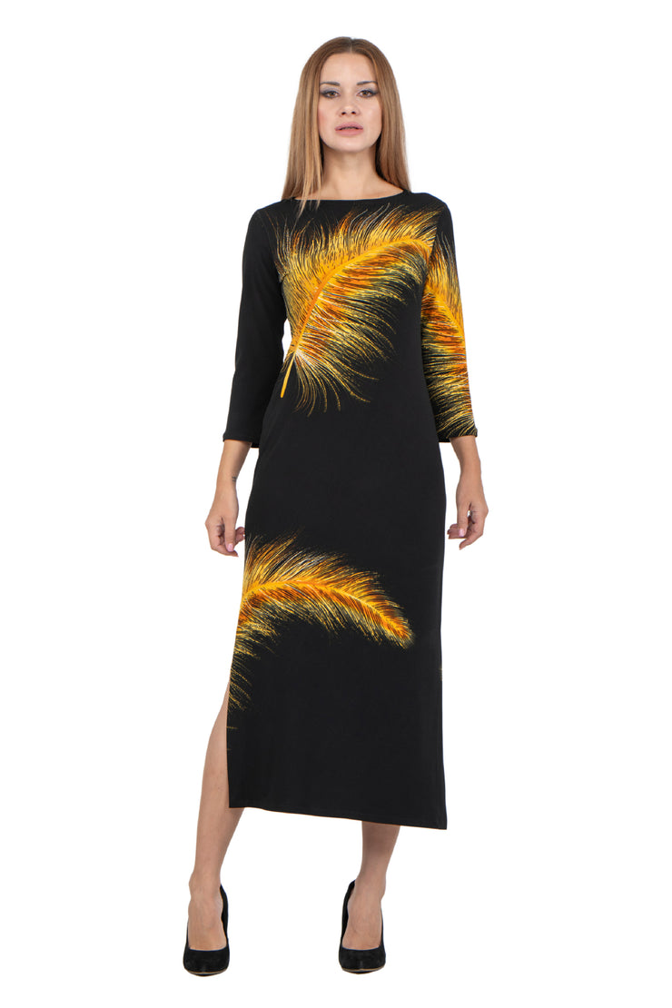 Hemmed Bottom 3/4 Sleeve Semi Loose Side Slit Calf Length Dress – EvaVarro