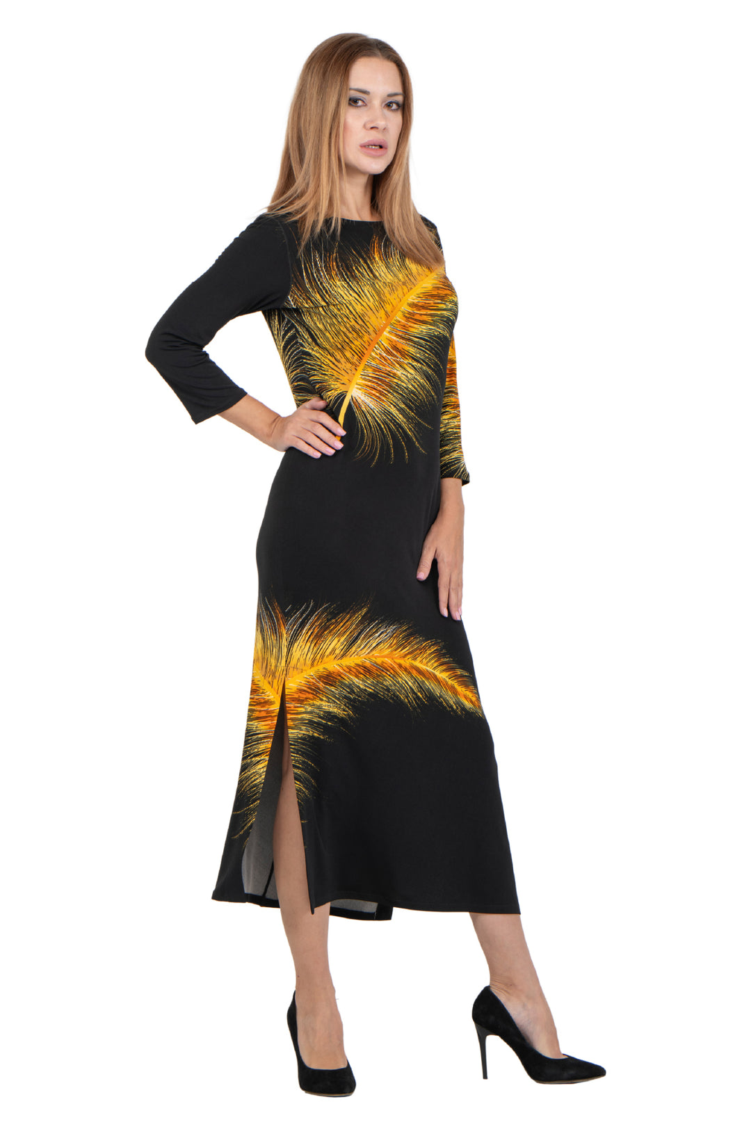 Hemmed Bottom 3/4 Sleeve Semi Loose Side Slit Calf Length Dress