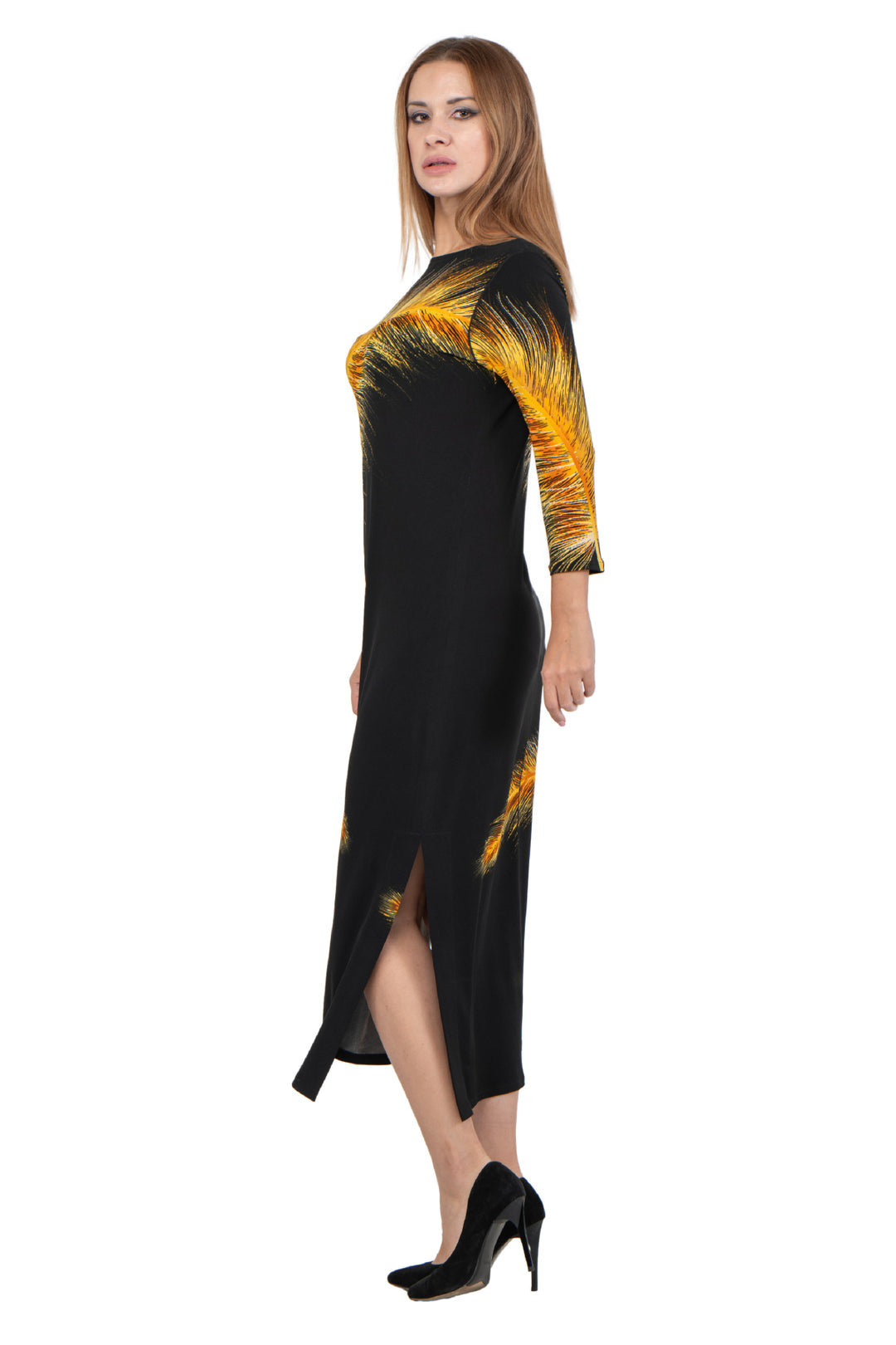 Hemmed Bottom 3/4 Sleeve Semi Loose Side Slit Calf Length Dress