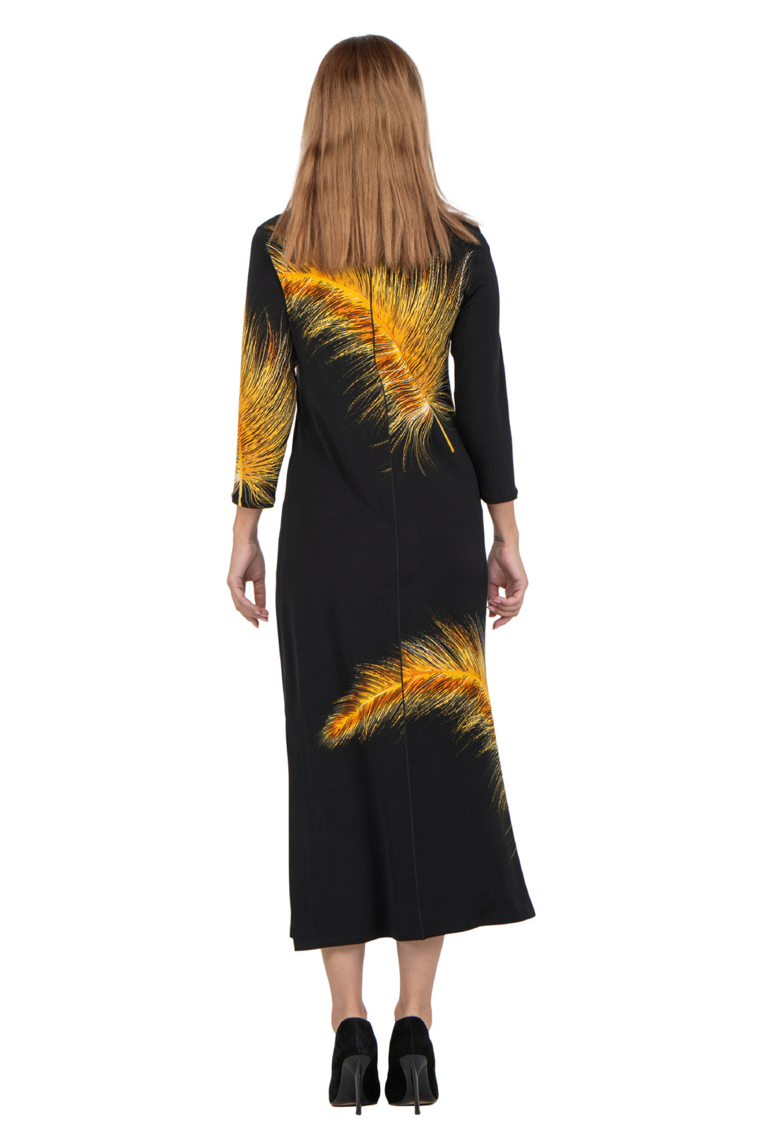 Hemmed Bottom 3/4 Sleeve Semi Loose Side Slit Calf Length Dress