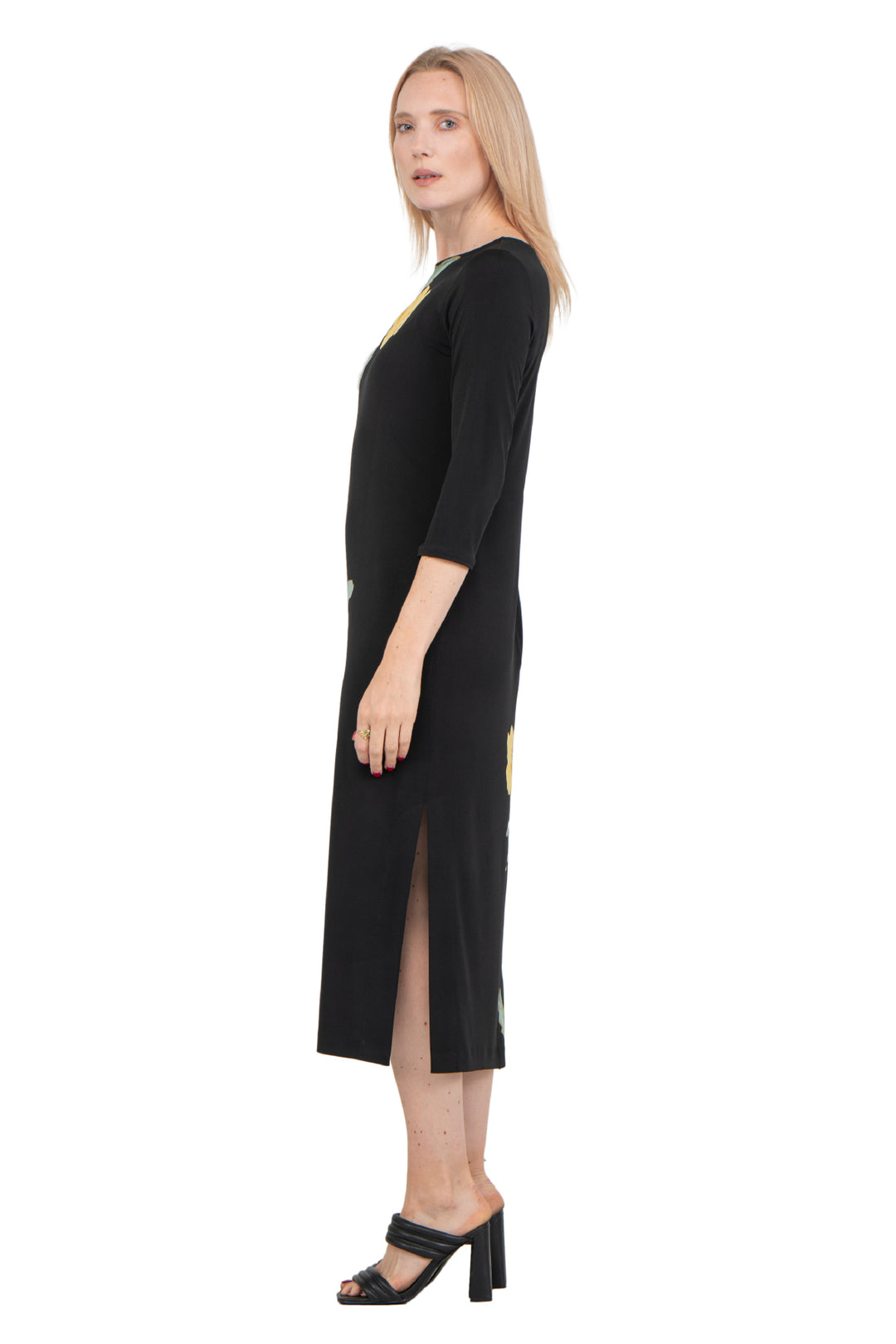 Hemmed Bottom 3/4 Sleeve Semi Loose Side Slit Calf Length Dress