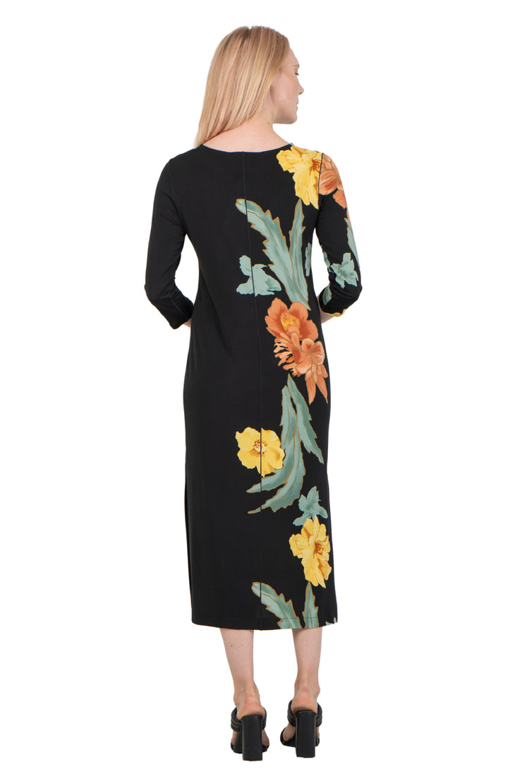 Hemmed Bottom 3/4 Sleeve Semi Loose Side Slit Calf Length Dress – EvaVarro