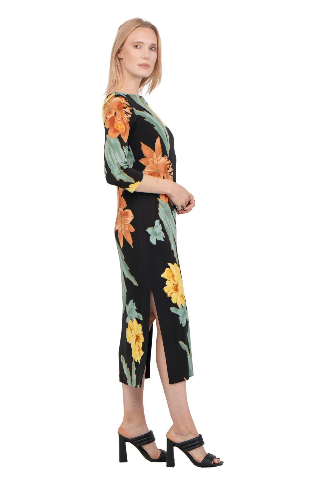 Hemmed Bottom 3/4 Sleeve Semi Loose Side Slit Calf Length Dress