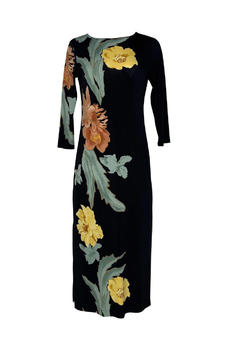 loose bottom dress Hemmed Bottom 3/4 Sleeve Semi Loose Side Slit Calf Length Dress – EvaVarro