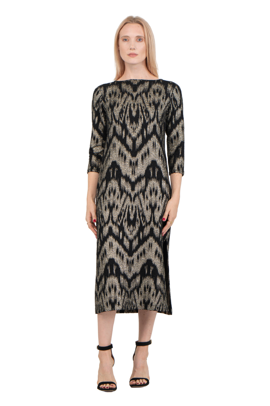 Hemmed Bottom 3/4 Sleeve Semi Loose Side Slit Calf Length Dress