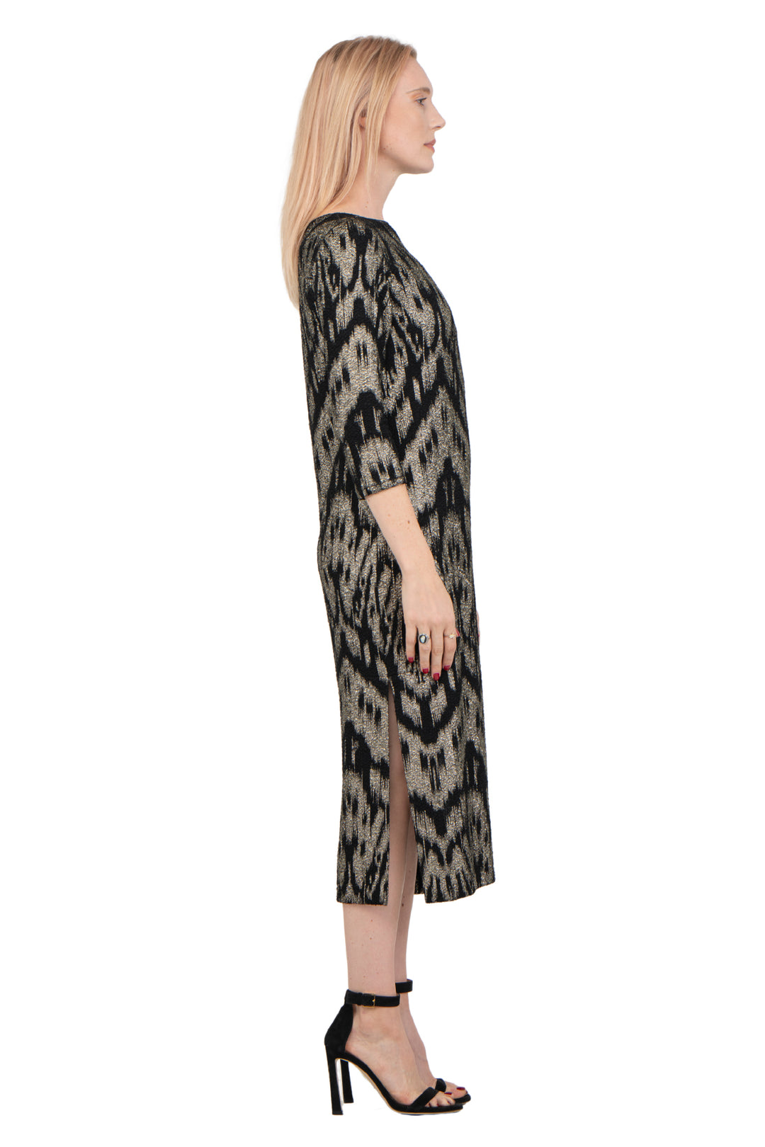 Hemmed Bottom 3/4 Sleeve Semi Loose Side Slit Calf Length Dress