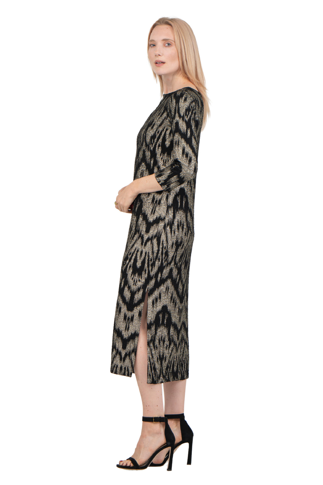 Hemmed Bottom 3/4 Sleeve Semi Loose Side Slit Calf Length Dress