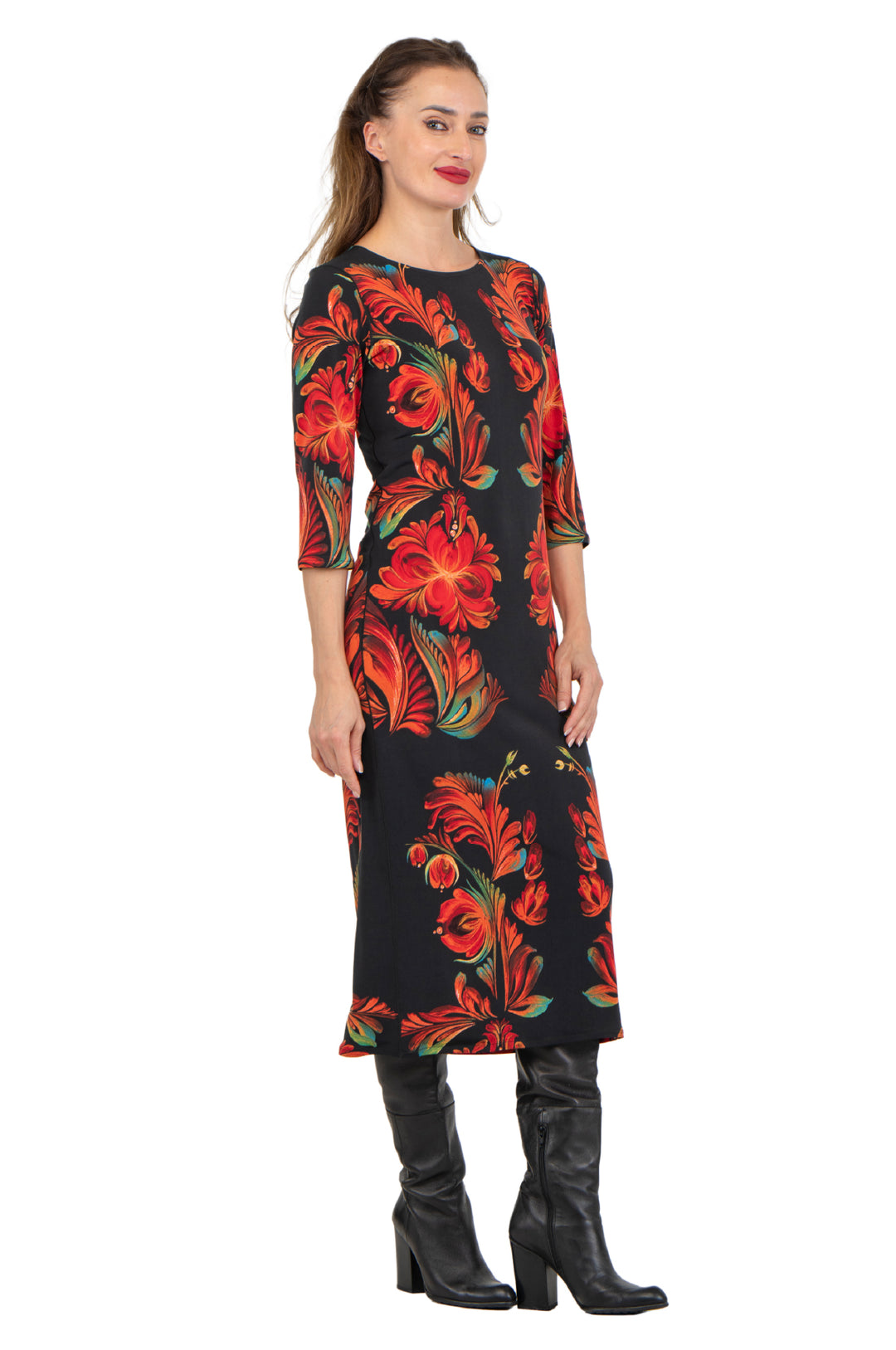 Raw Hemline 3/4 Sleeve Semi Loose Side Slit Calf Length Dress