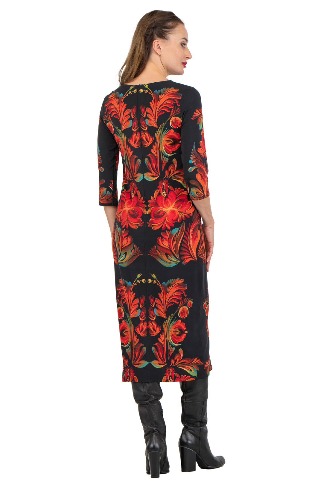 Raw Hemline 3/4 Sleeve Semi Loose Side Slit Calf Length Dress