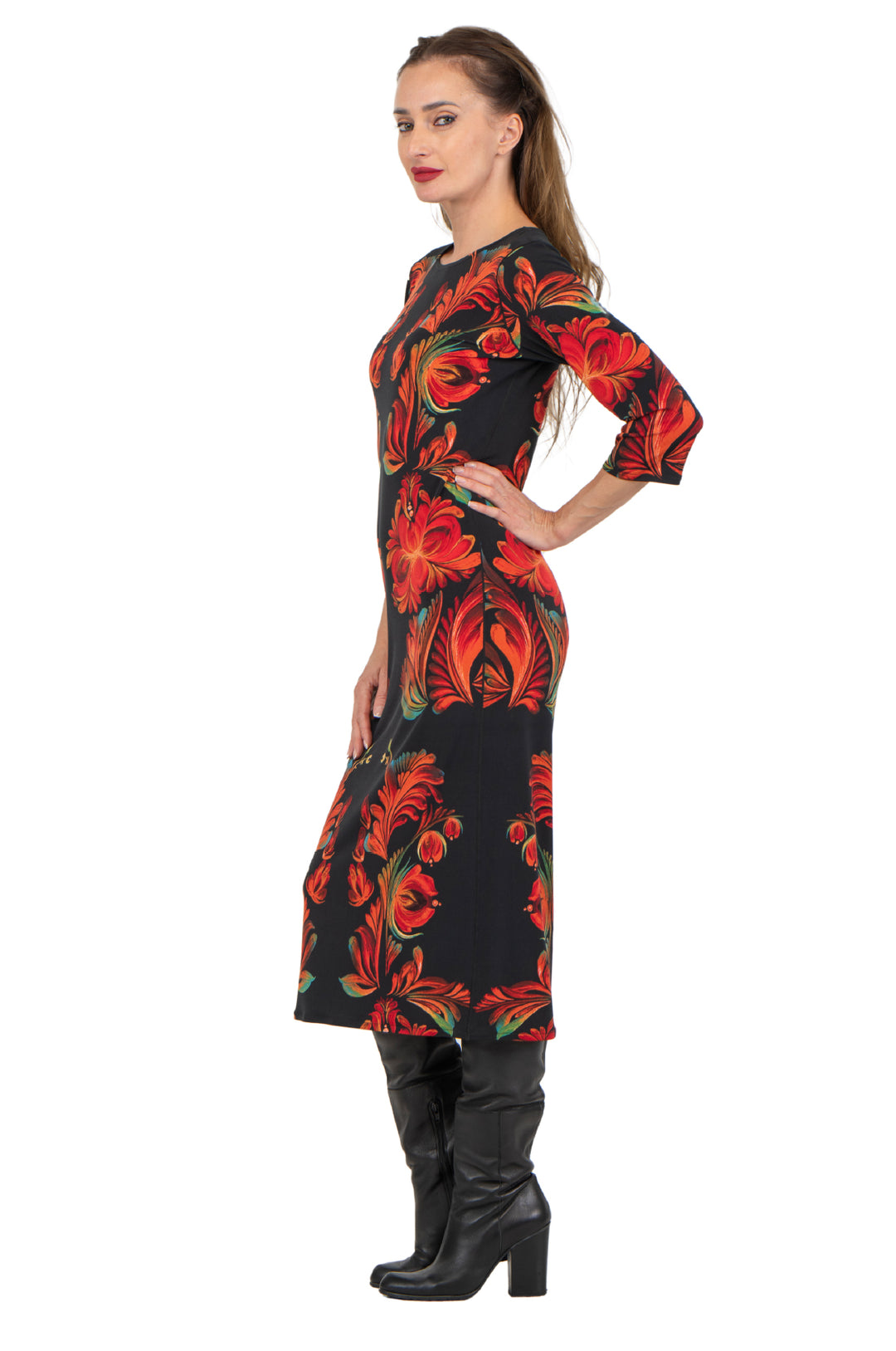Raw Hemline 3/4 Sleeve Semi Loose Side Slit Calf Length Dress