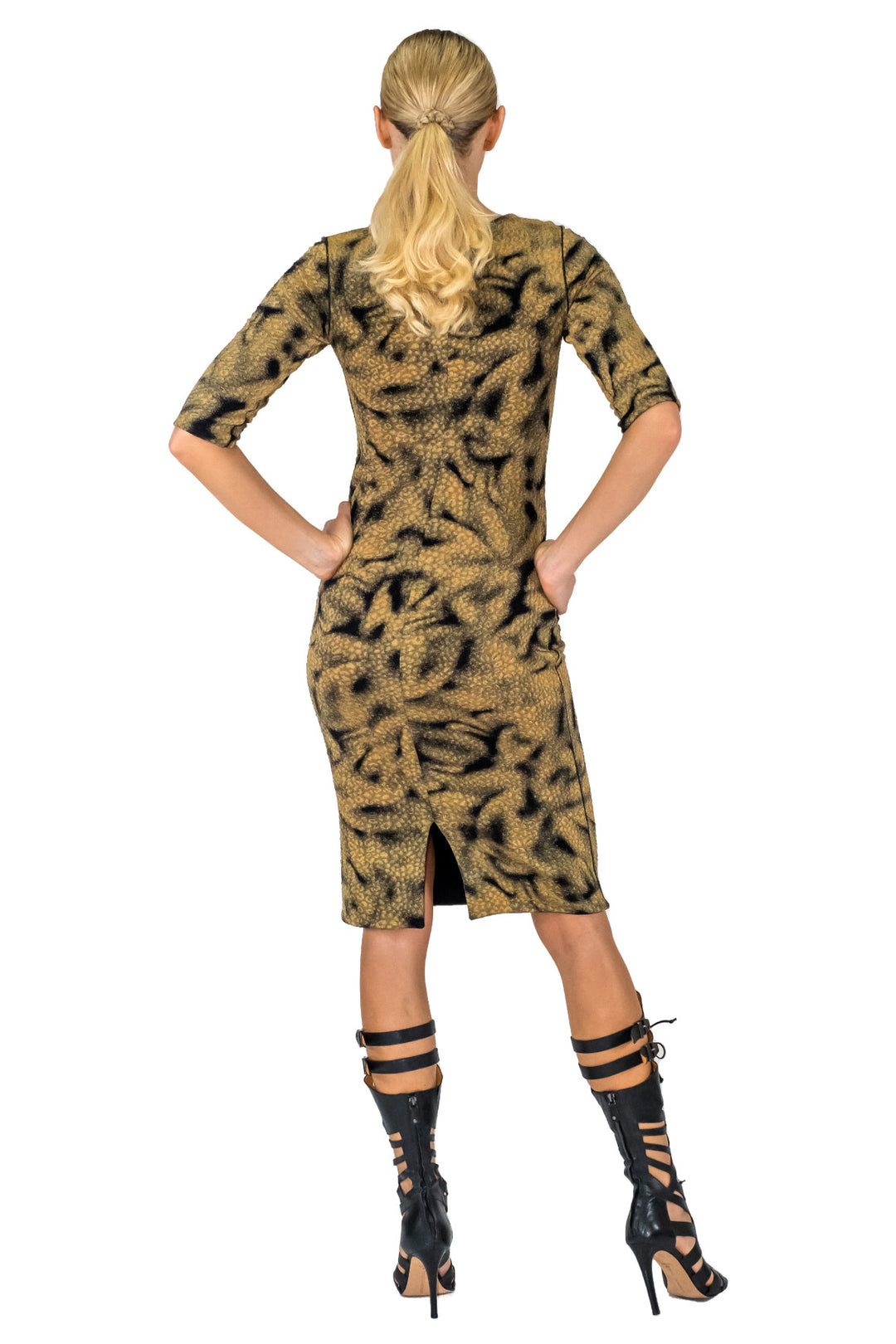 3/4 SLV Wide Bateau Neck Back Slit Dress