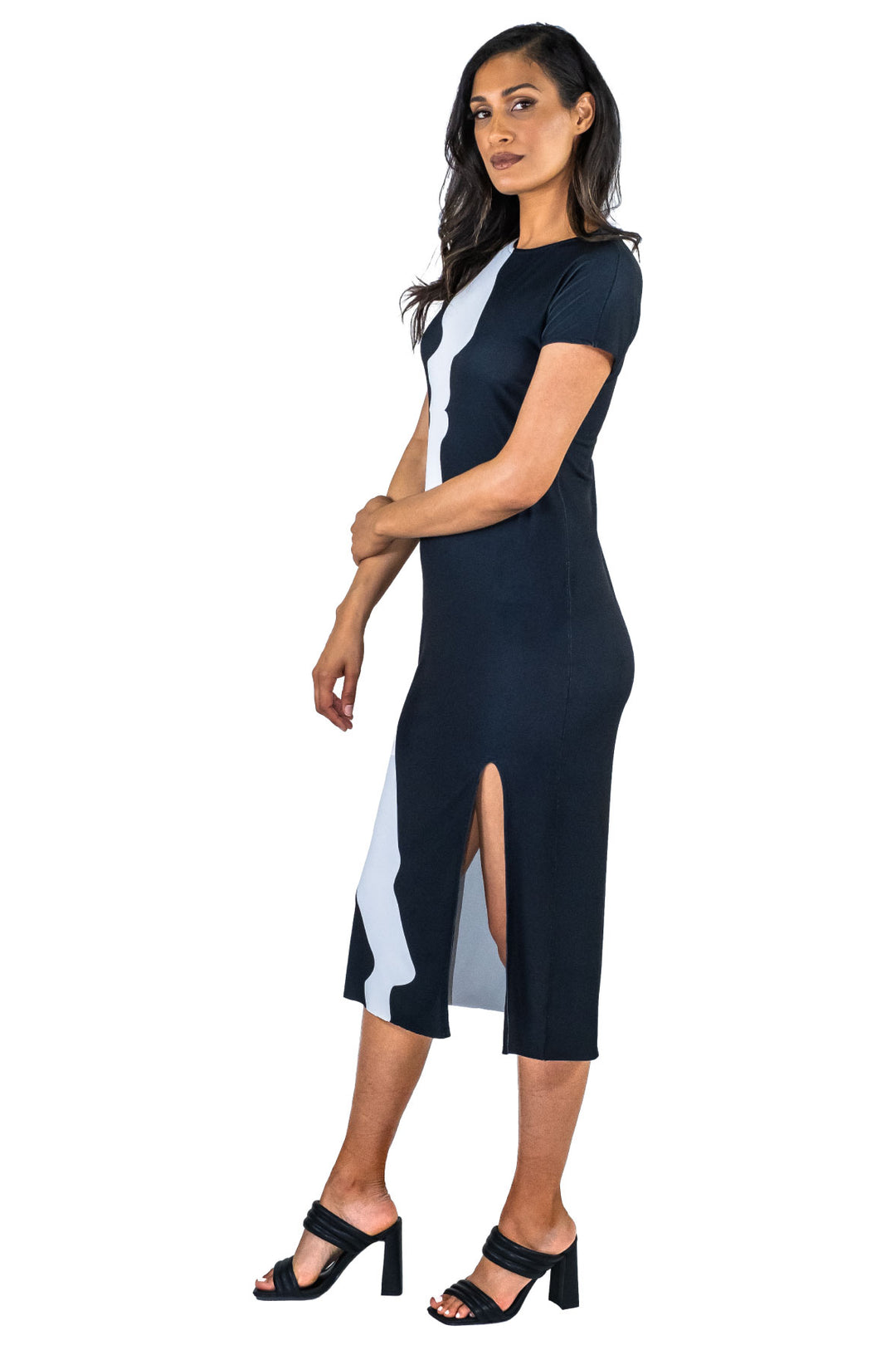 Cap Sleeve Asymmetric Slit Below Knee Dress