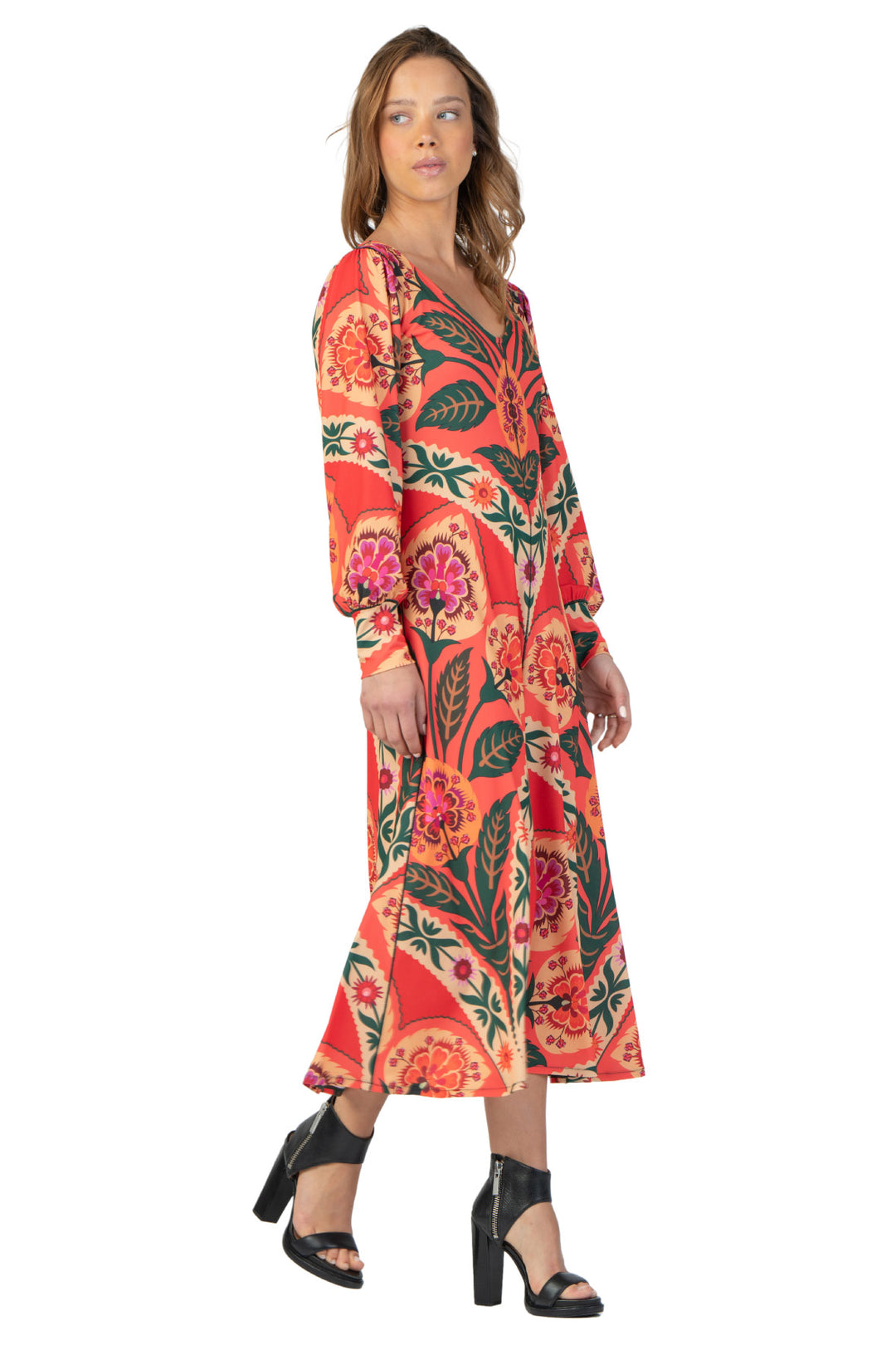Fit and Flare V Neck Long Blouson Sleeve Dress