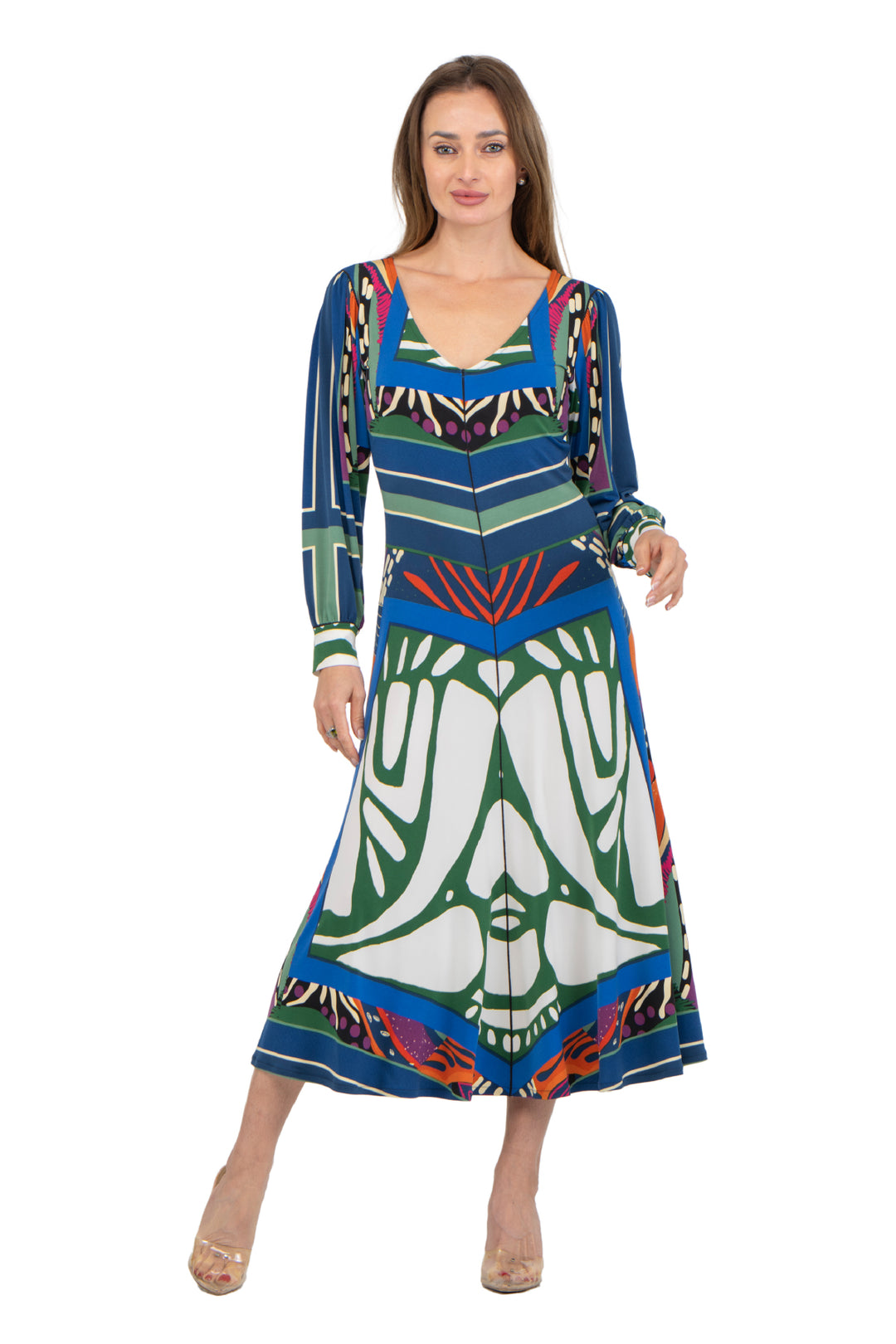 Fit and Flare V Neck Long Blouson Sleeve Dress