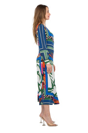 Fit and Flare V Neck Long Blouson Sleeve Dress