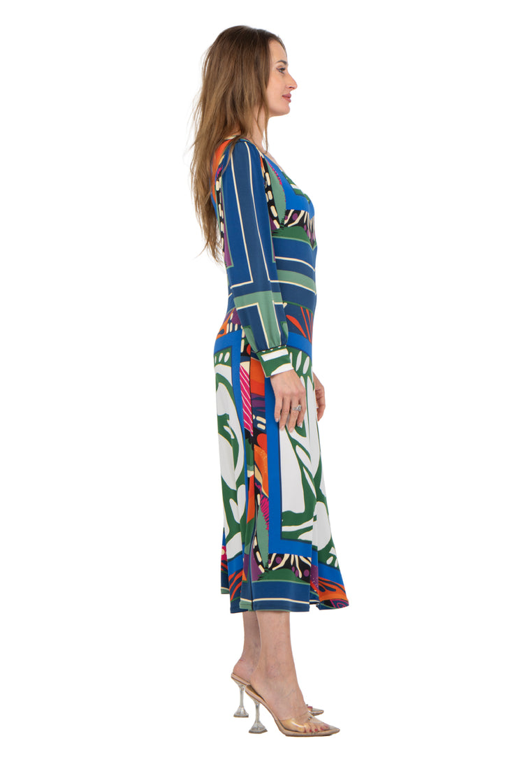 Fit and Flare V Neck Long Blouson Sleeve Dress