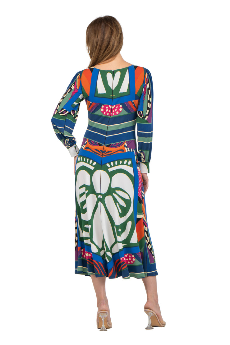 Fit and Flare V Neck Long Blouson Sleeve Dress