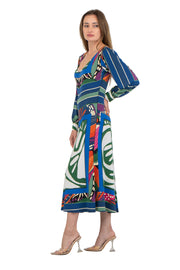 Fit and Flare V Neck Long Blouson Sleeve Dress