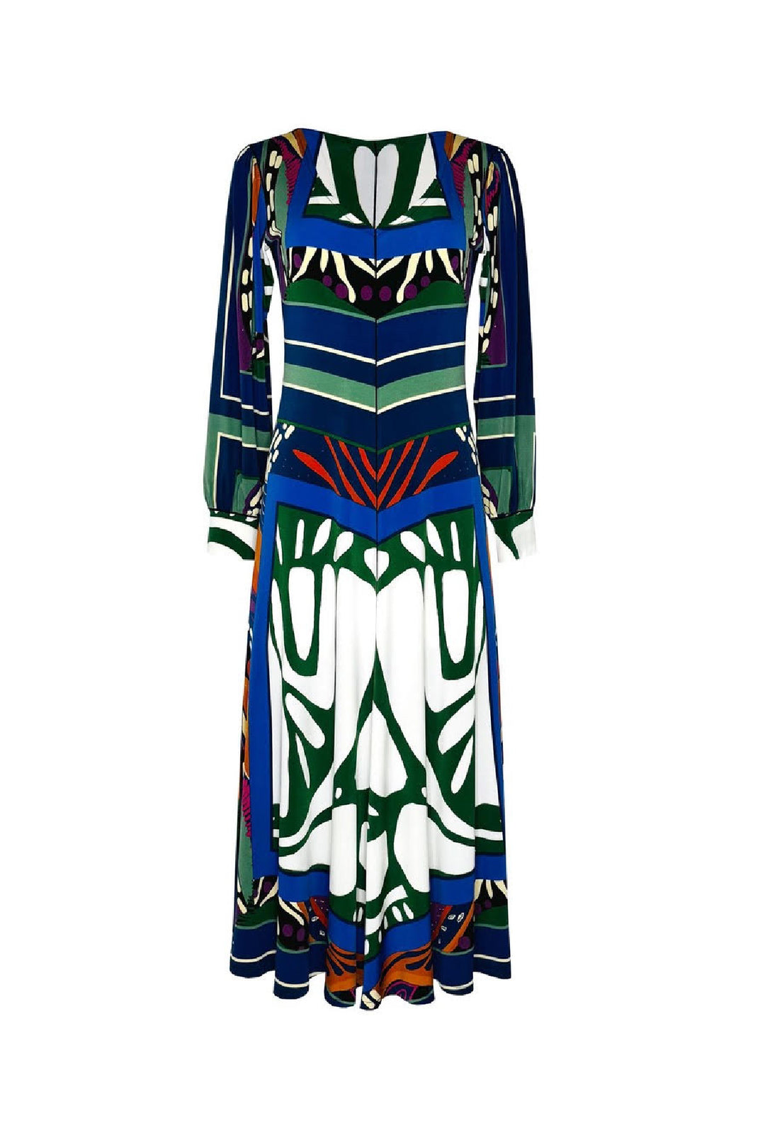Fit and Flare V Neck Long Blouson Sleeve Dress