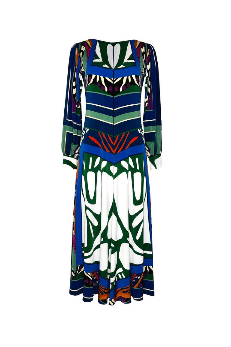 Fit and Flare V Neck Long Blouson Sleeve Dress