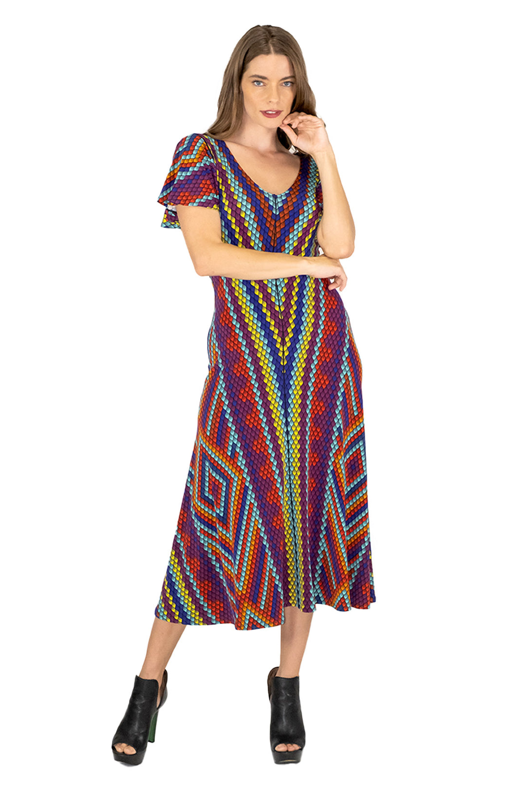 Fit and Flare V Neck Wing Sleeve Dress
