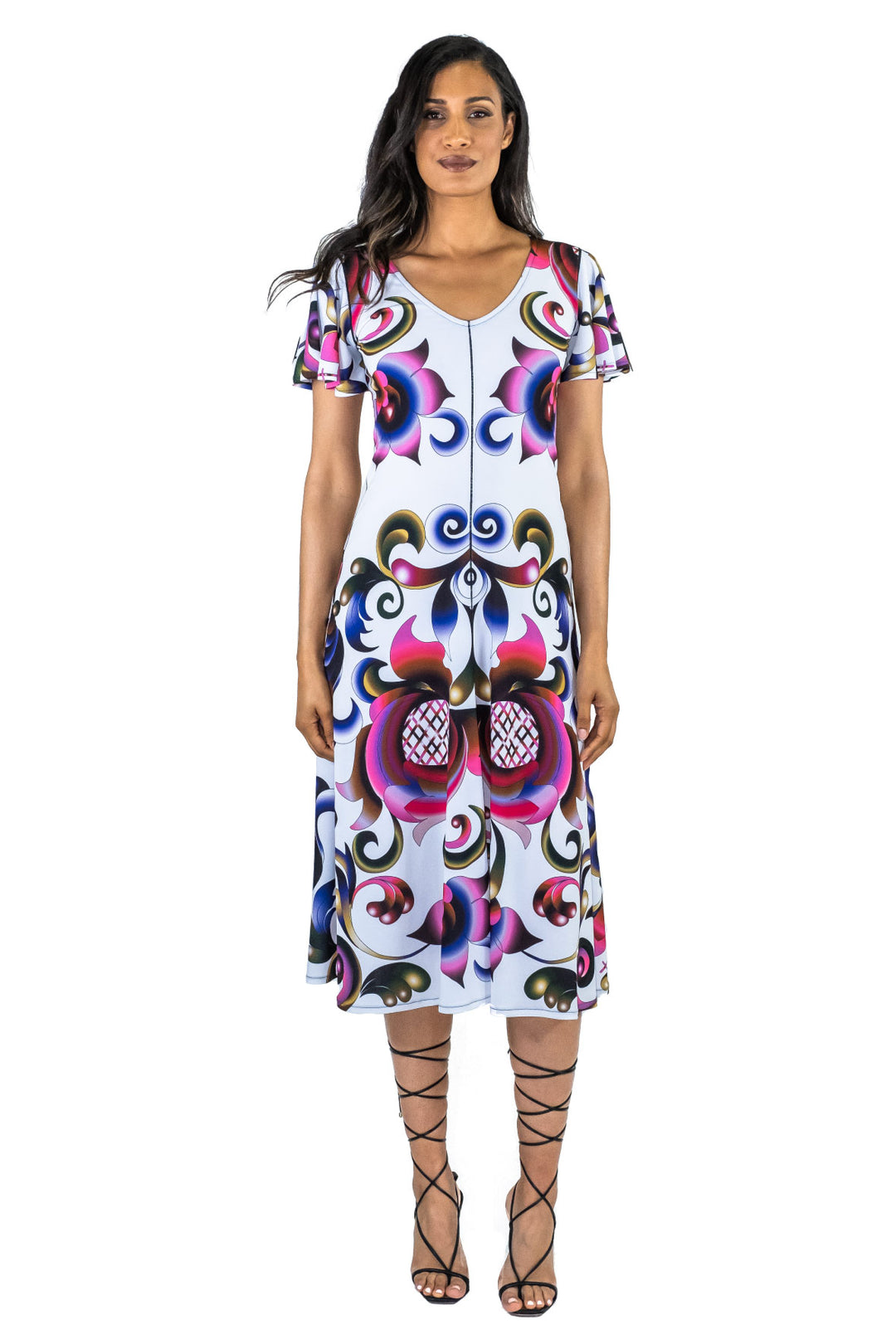Fit and Flare V Neck Wing Sleeve Dress
