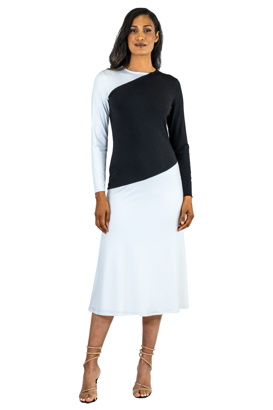 Contrast Top &amp; One Sleeve Calf Length Fully Line Dress